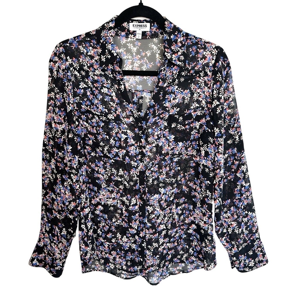 Express The Portofino Shirt Moody Floral Button Up Sheer Chiffon Blouse S Career